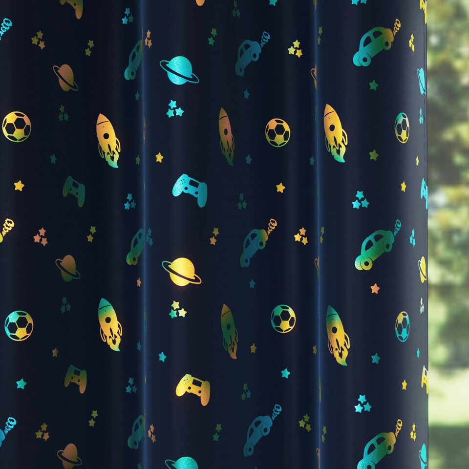 image 1 of Pair of Infinity Blue Metallic Print Kids Curtains 46 x 54 inch (117 x 137 cm) Room Darkening Eyelet Thermal Noise Reducing Curtains for Bedroom