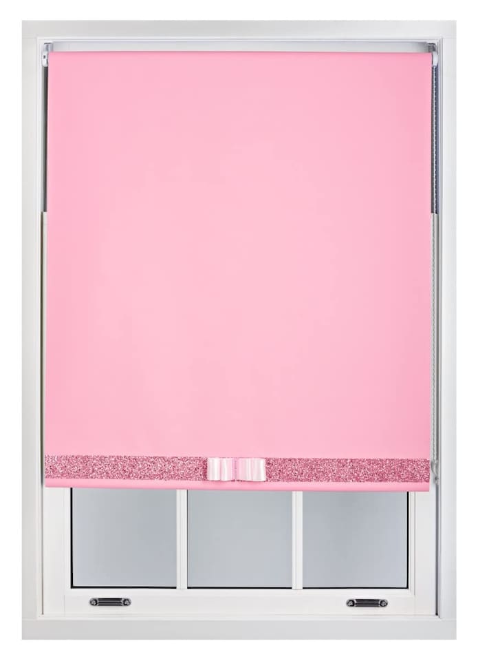 image 1 of FURNISHED Blackout Roller Blinds with Glitter Trim and Bow Insulated Designed Window Shade | Pink | Pink | (W) 180cm x (L) 165cm