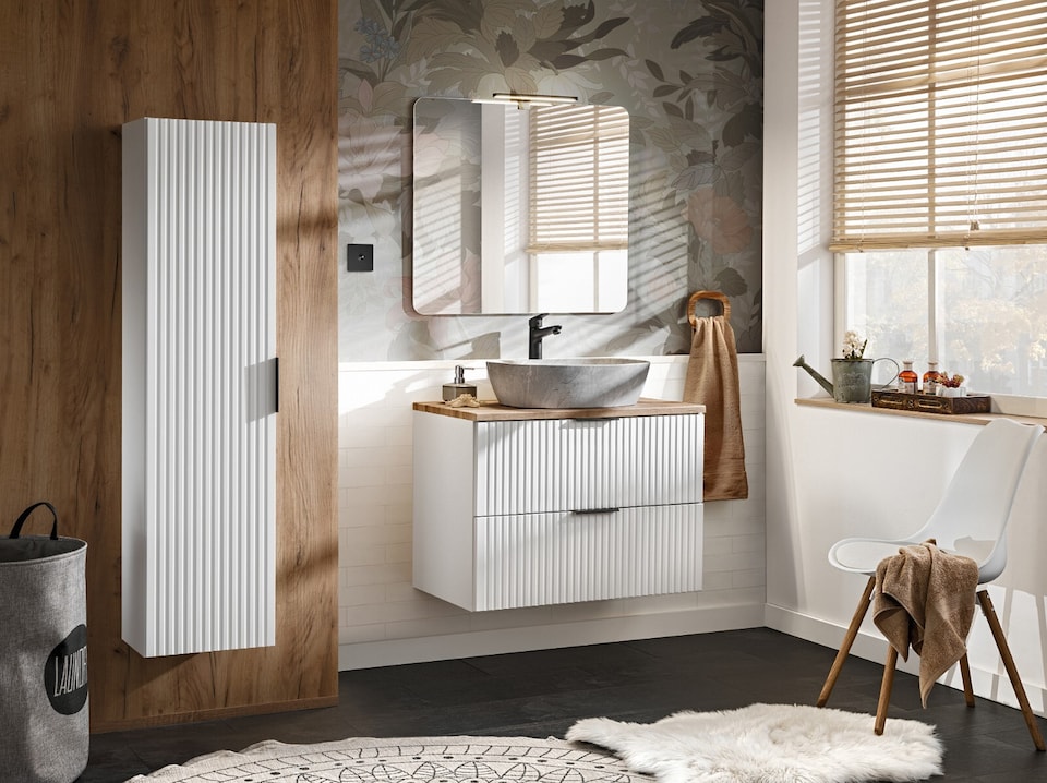 image 1 of Bathroom Vanity Unit 800mm Wall Hung Drawer Cabinet Ribbed Textured Fluted White Modern Floating Sink Unit Adel