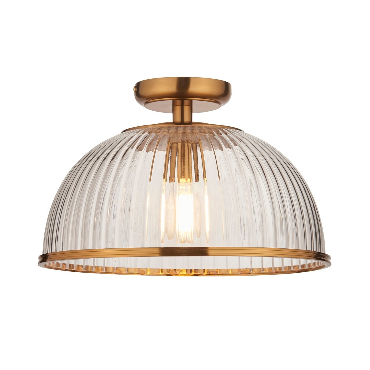 Somerset Bowl Semi Flush Ceiling Light Vintage Brass Finish & Clear Ribbed Glass E27