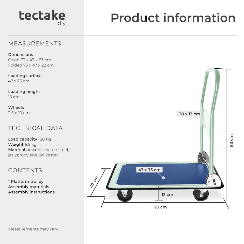 image 1 of Folding Trolley - 2 fixed, 2 swivel wheels, 150 kg load capacity, 73 x 47 cm load bed