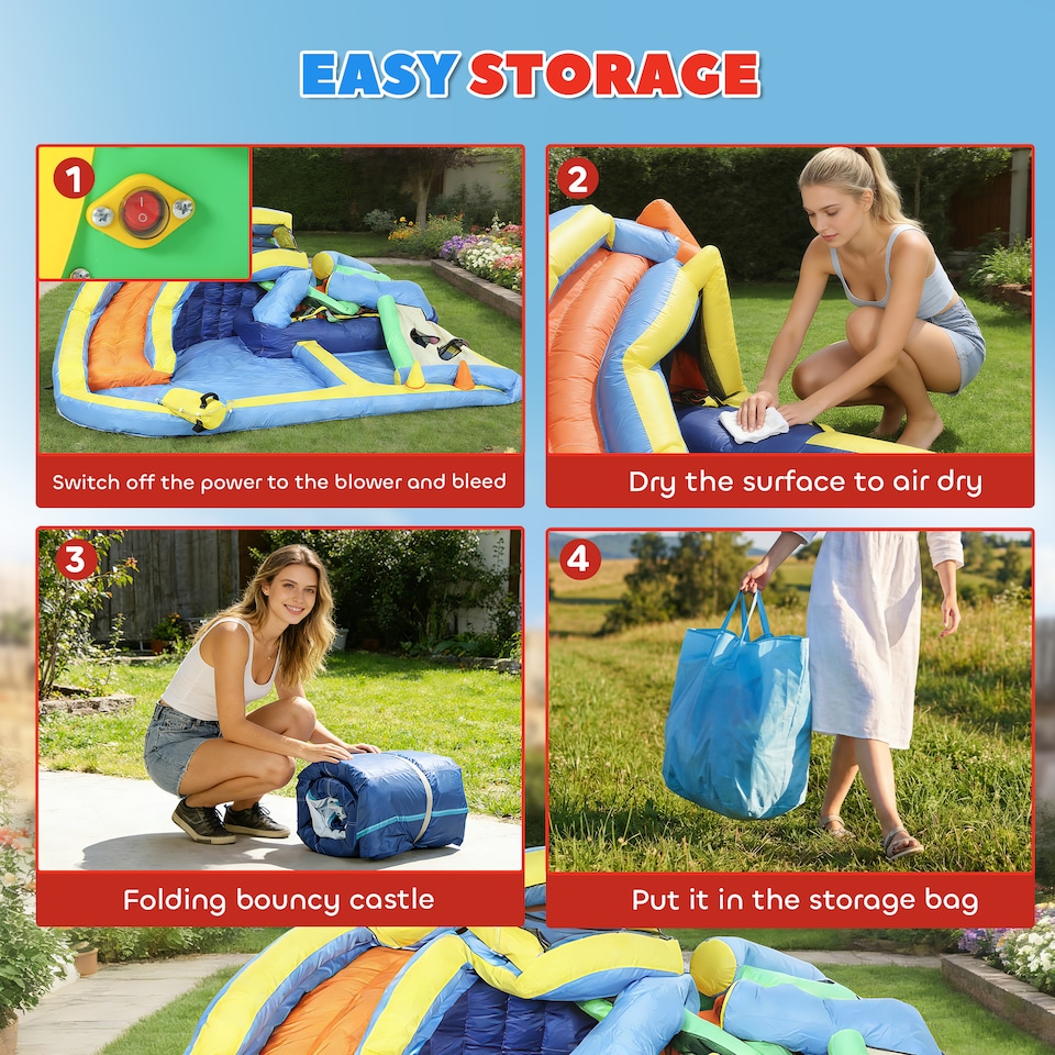image 1 of AIYAPLAY 8 in 1 Bouncy Castle for Kids, Inflatable Bounce House with Slide | Multi | Light blue base, orange slide, deep blue sides | 350 x 320 x 190 cm