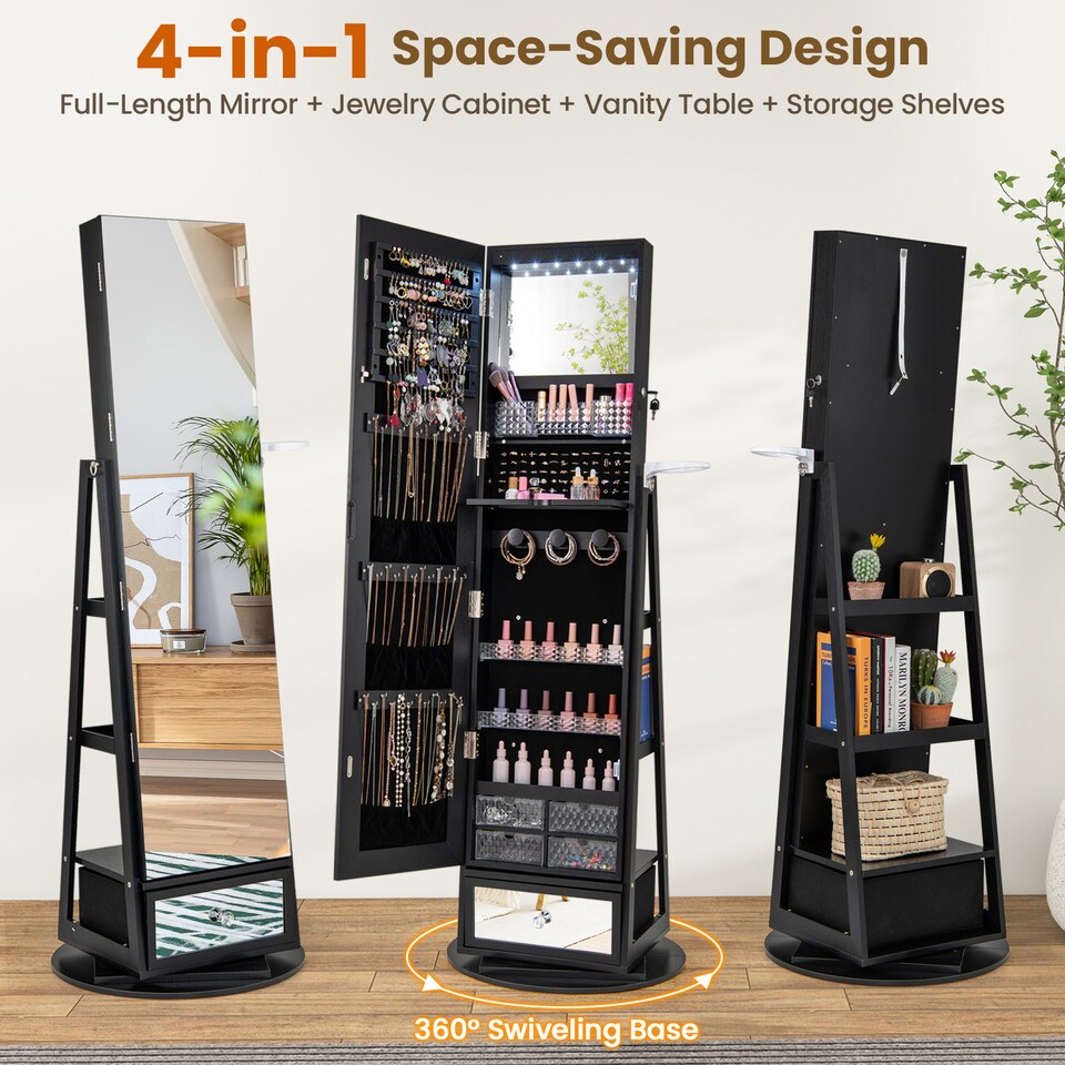image 1 of COSTWAY 4 iN 1 Swivel Jewelry Cabinet Lockable Jewelry Armoire-Black