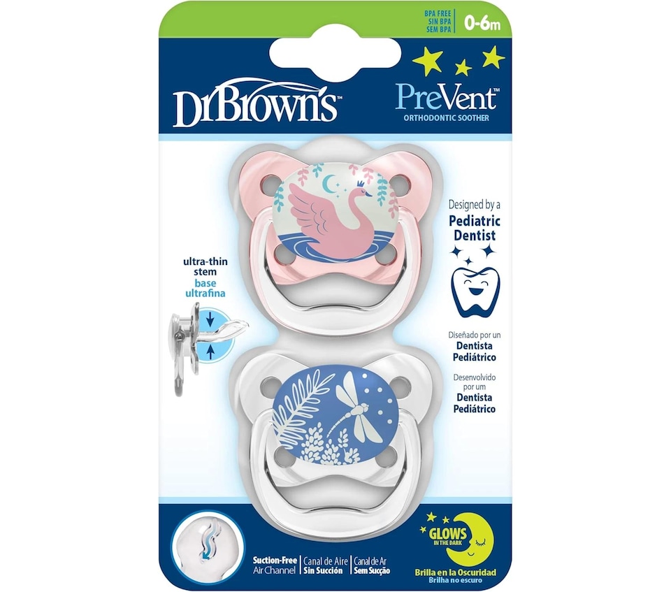 image 1 of Dr Browns Prevent Soothers Glow Dark Orthodontic Dummy Swan Dragonfly 0-6M