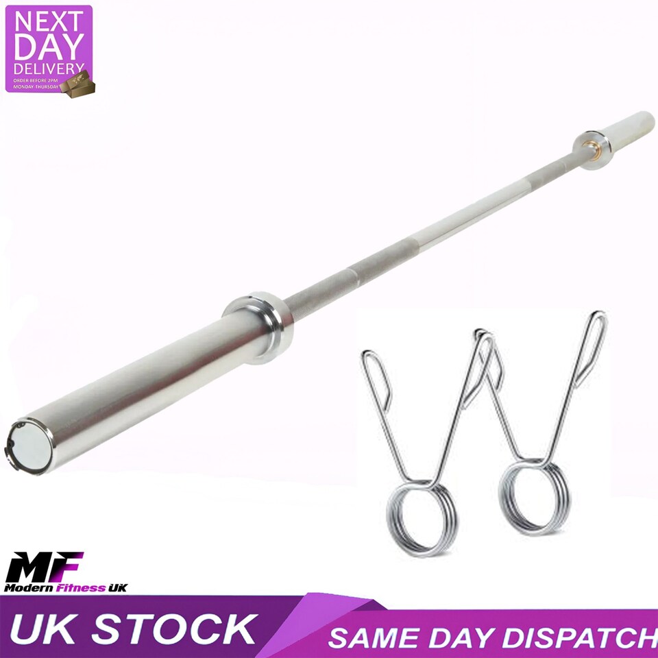image 1 of Modern Fitness 6ft Olympic Barbell 12kg 1.8m Space-Saving Steel Weightlifting Bar with Spring Collars 28mm Professional Grip