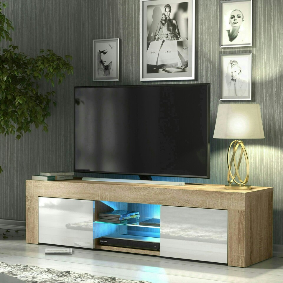 image 1 of TV Unit 130cm White Gloss Doors Oak Matt Body Modern Cabinet | Multi | Oak | One Size | 1