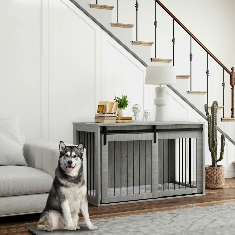 image 1 of PawHut Dog Crate Furniture with Removable Cushion for XL-sized Dogs - Grey