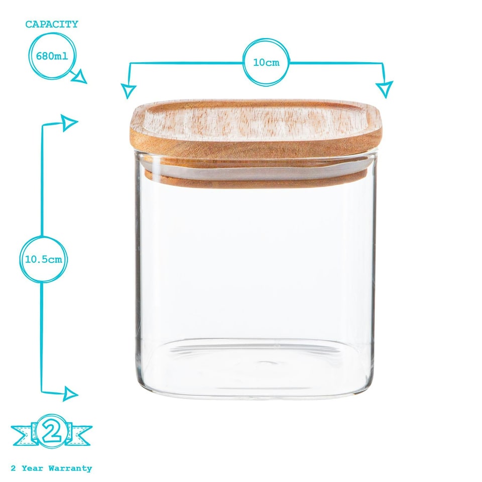 image 1 of Argon Tableware Square Glass Storage Jars with Wooden Lids - 680ml - Pack of 3