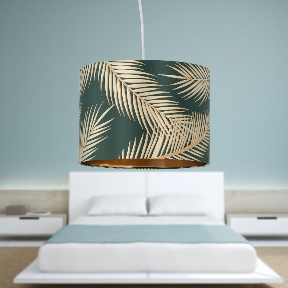 image 1 of First Choice Lighting Set of 2 Tropica Dark Green with Gold Embossed Leaf Detail 30cm Pendant Shades Green