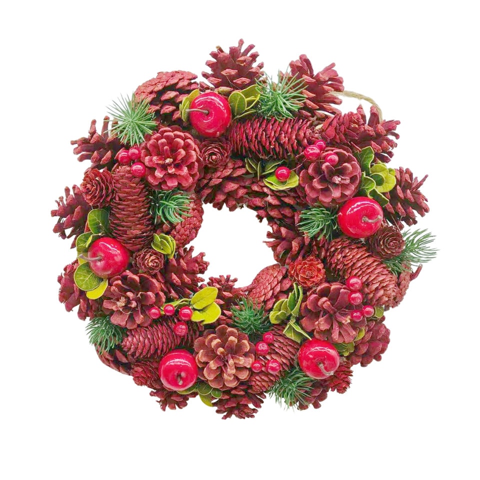 image 1 of Christmas Wreath Festive Decoration with Jute Hanger Traditional Pinecone Decor | Multi | Red, Apple & Berry | 25cm | 1
