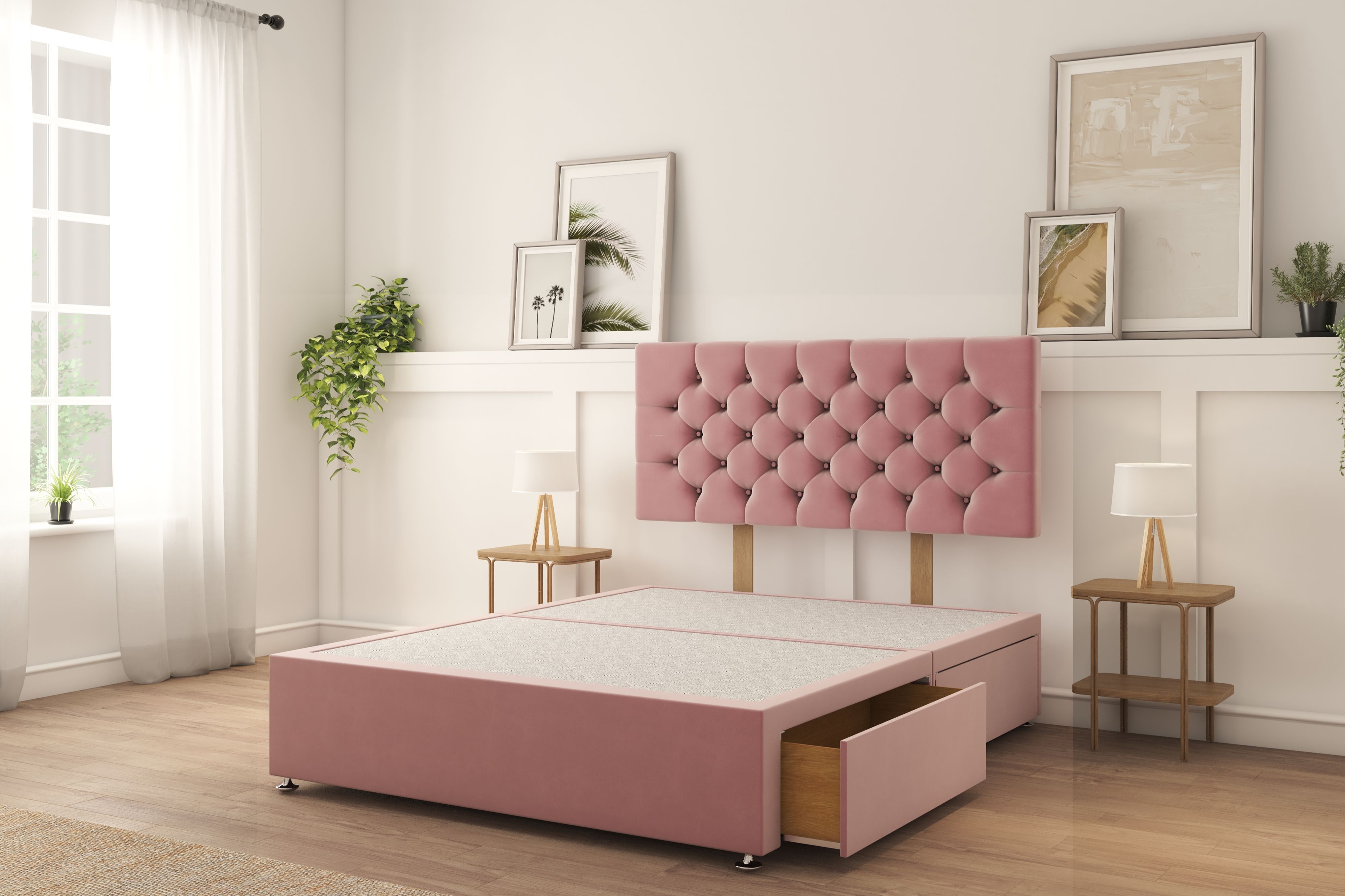 Sloomy Mayfair Pink Plush Divan Bed Base 2 Drawers Same Side With 26" Strutted Headboard 4'6 Double