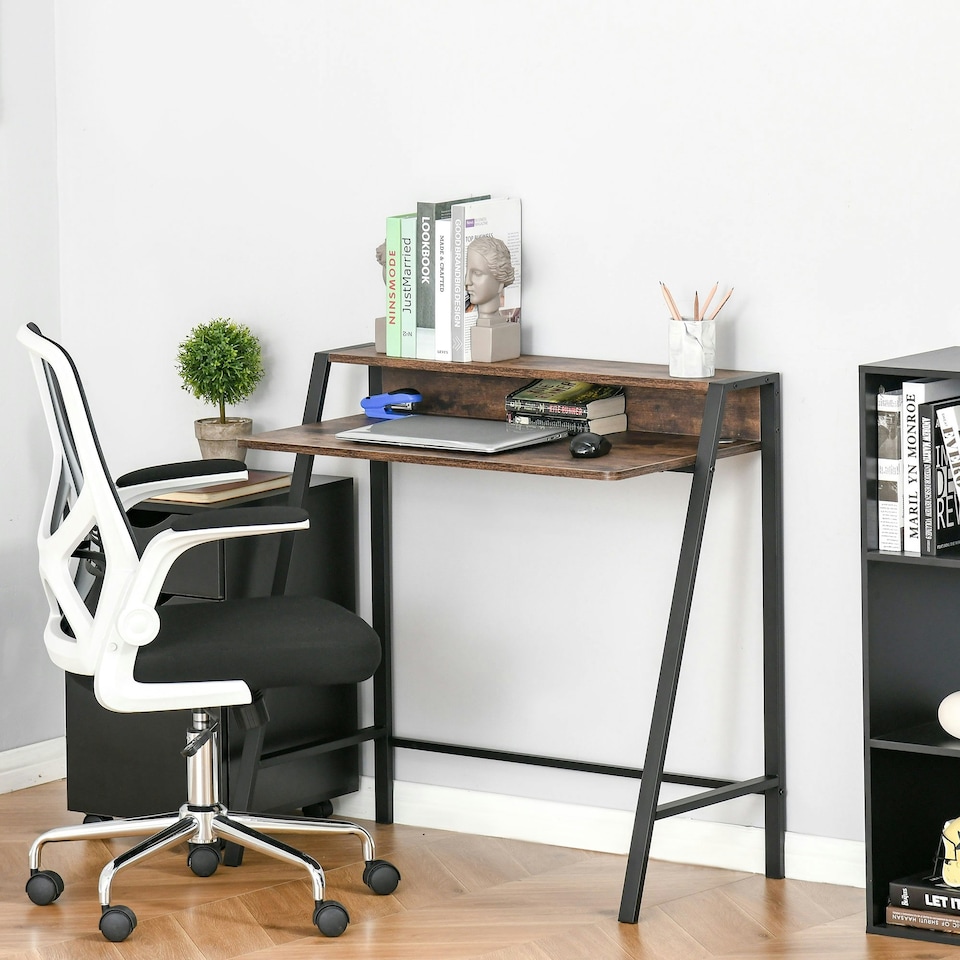 image 1 of HOMCOM 2-Tier Storage Computer Workstation Metal Frame Rustic Brown 100cm
