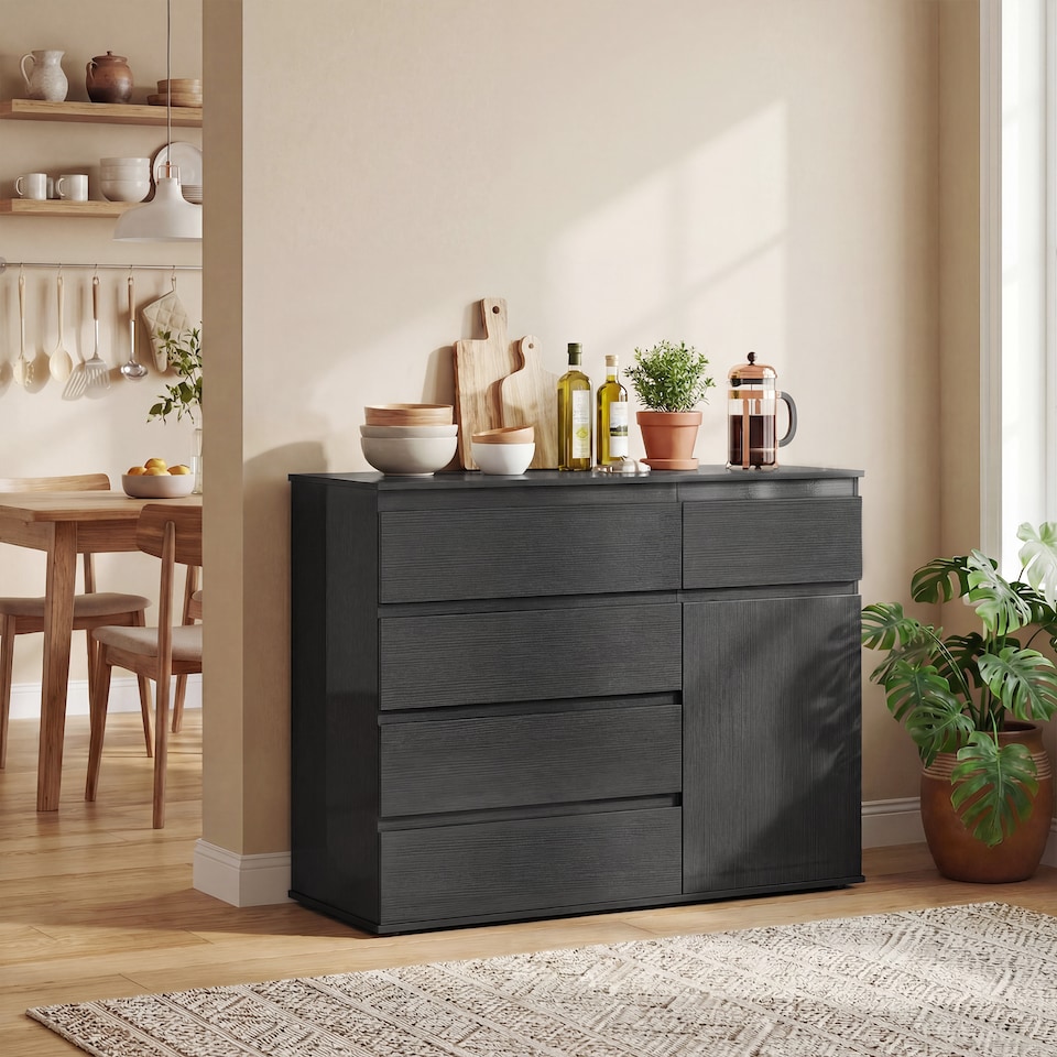 image 1 of HOMCOM Sideboard Storage Cabinet, Kitchen Cupboard with 5 Drawers | Black | Black embossed