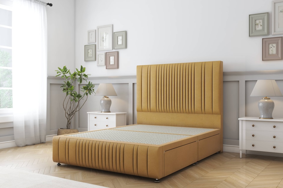 image 1 of Sloomy Kingsley Mustard Plush Divan Bed Base 2 Drawers Right Side With 54 Inch Floor Standing Headboard & 12 Inch Matching Footboard | Gold | Mustard | Super King | 1