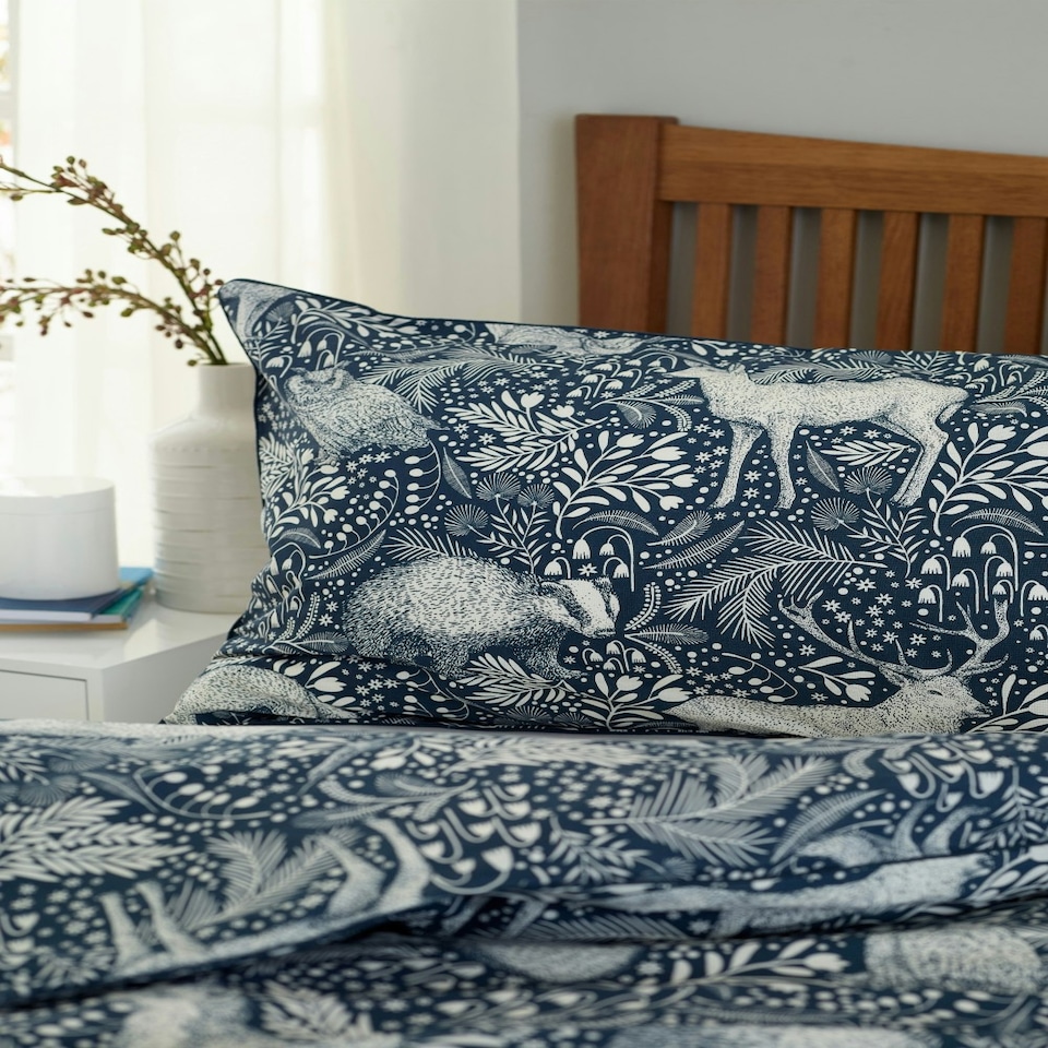 image 1 of Woodland Folk Cotton Blend Duvet Cover Set – Forest Print Bedding | Blue | navy | Single