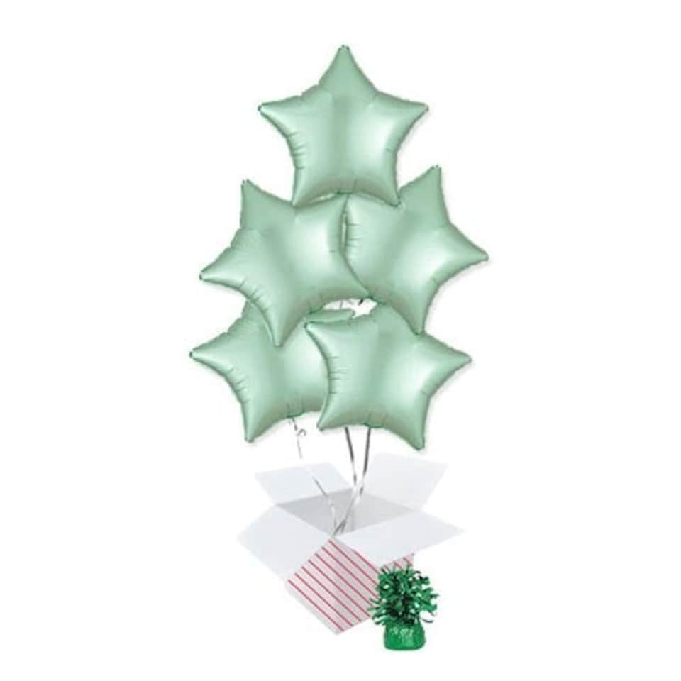 Pastel Mint Green Satin Luxe Star Shape Foil Helium Balloon Bouquet - 5 Inflated Balloons In A Box
