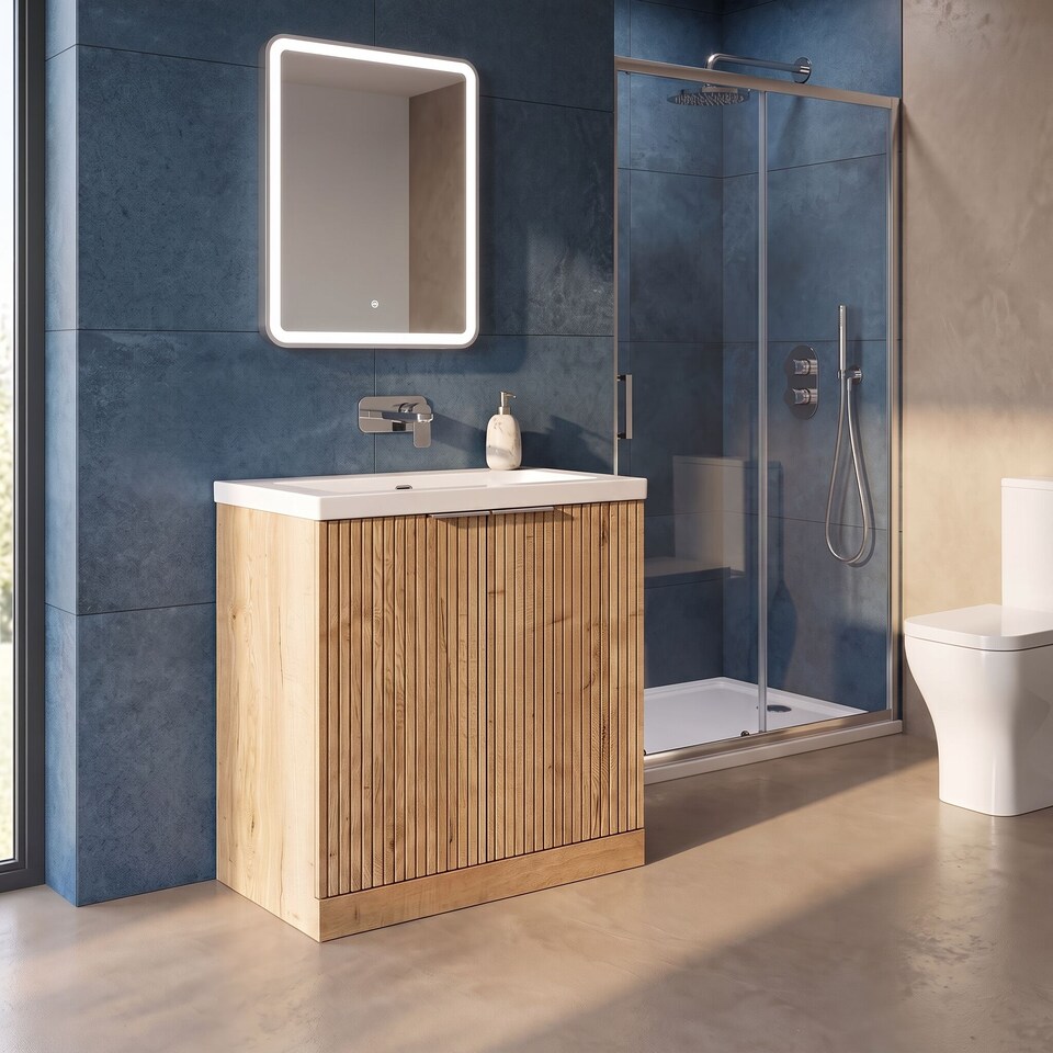 image 1 of Balterley Callingwood Contemporary Floor Standing 2 Door Vanity Unit with 0 Tap Hole Fireclay Basin , 800mm, Autumn Oak