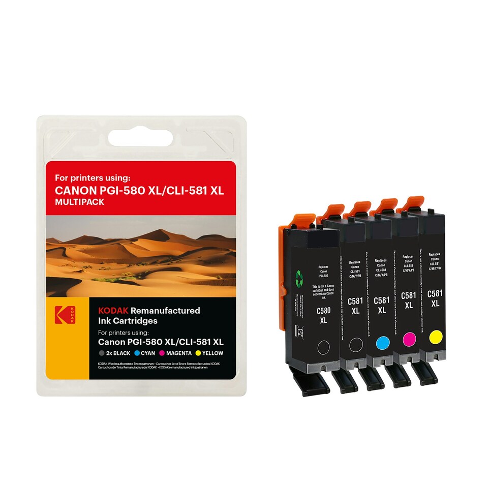 image 1 of Kodak Remanufactured Canon PGI-580XL Black, CLI-581 XL B,C,M,Y Multipack Ink Cartridges | Multi | 1