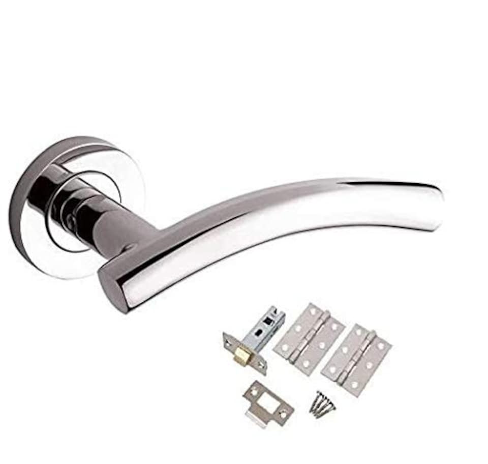 image 1 of Golden Grace 1 Set Arched T-Bar Lever Door Handle on Round Rose in Polished Chrome Finish with Latch & Hinges | Chrome | 1 Set