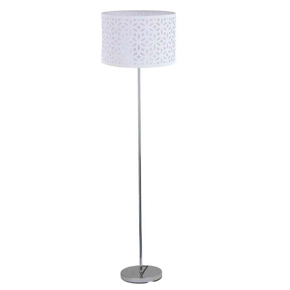 image 1 of First Choice Lighting Chrome Stick Floor Lamp with White Laser Cut Shade Chrome | White