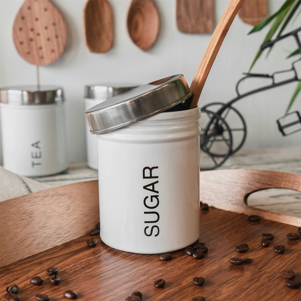 image 1 of Harbour Housewares White Round Metal Kitchen Sugar Canister Kitchen Caddy Kitchen Storage Containers Canisters