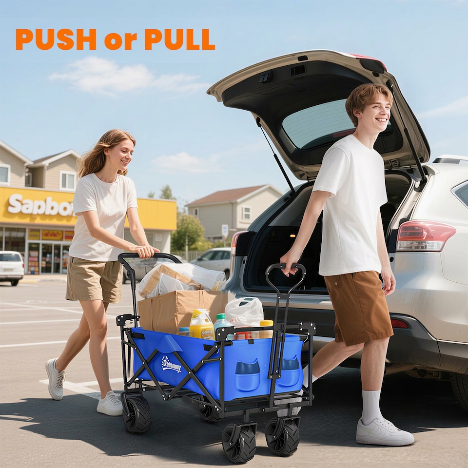 image 1 of Outsunny Outdoor Push Pull Wagon Stroller Cart w/ Canopy Top Blue