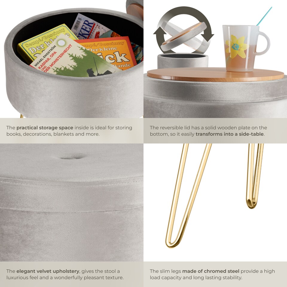 image 1 of Stool Ava - round, padded velvet look, with storage space | Grey | light grey | 37,50 x 37,50 x 44,50 cm | 1