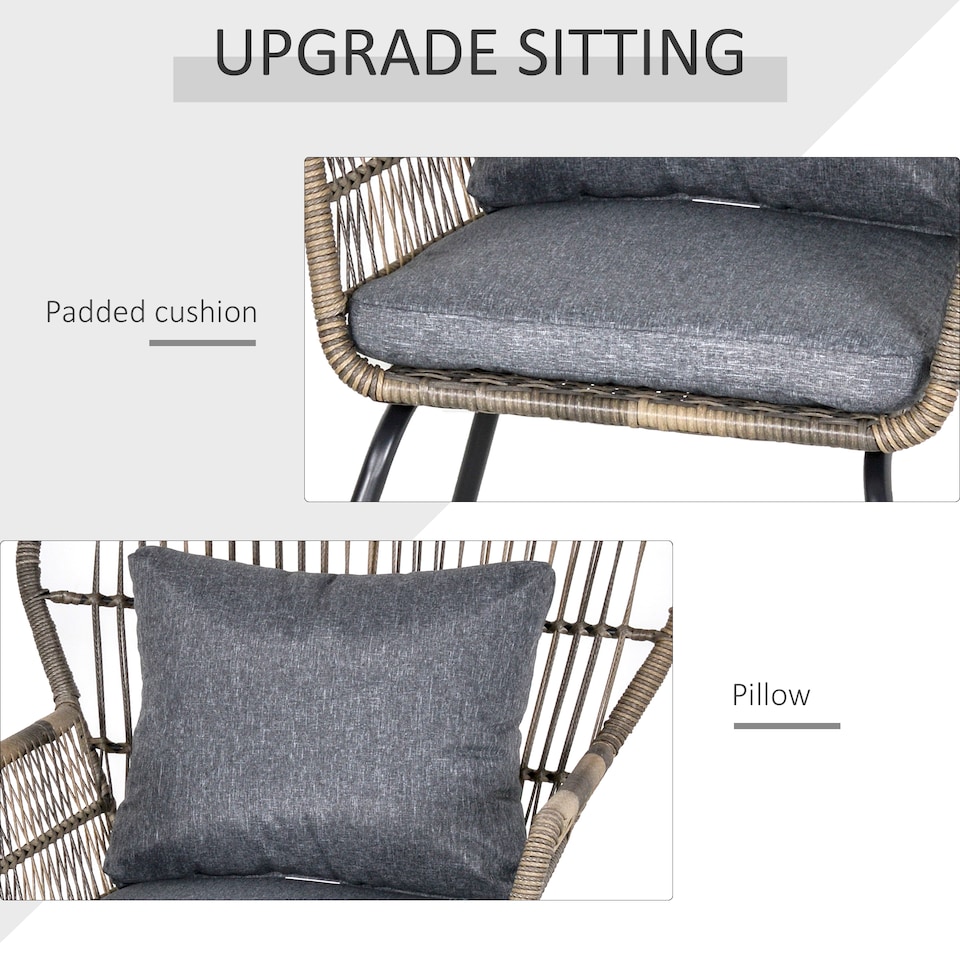 image 1 of Outsunny 3 Pieces Rattan Bistro Set, Wicker Garden Furniture Set with Cushions, Glass Top Coffee Table and Chairs for Outdoor, Patio, Balcony, Grey