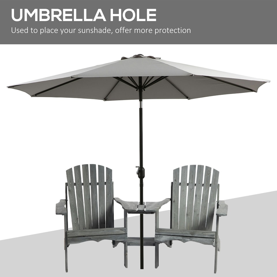 image 1 of Outsunny Wooden Outdoor Double Adirondack Chair w/ Center Table & Umbrella Hole