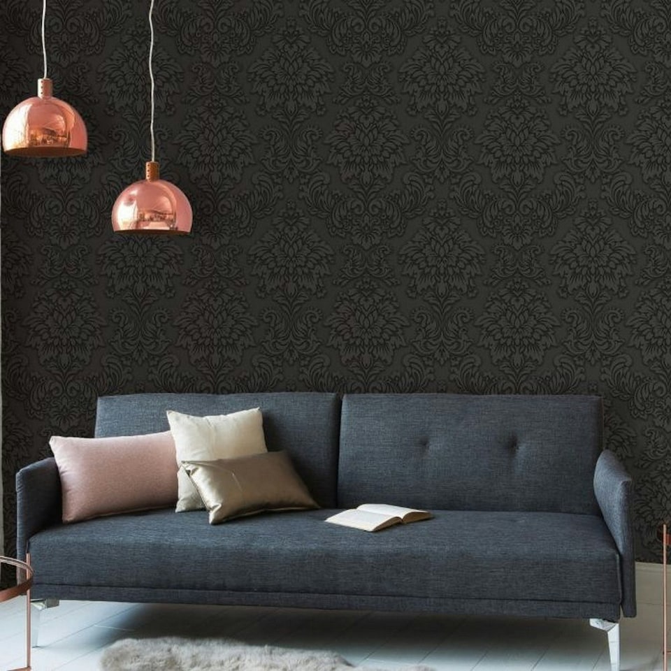 image 1 of AS Creation Lizzy London Baroque Textured Wallpaper - Charcoal Grey - 33ft x 21in Black