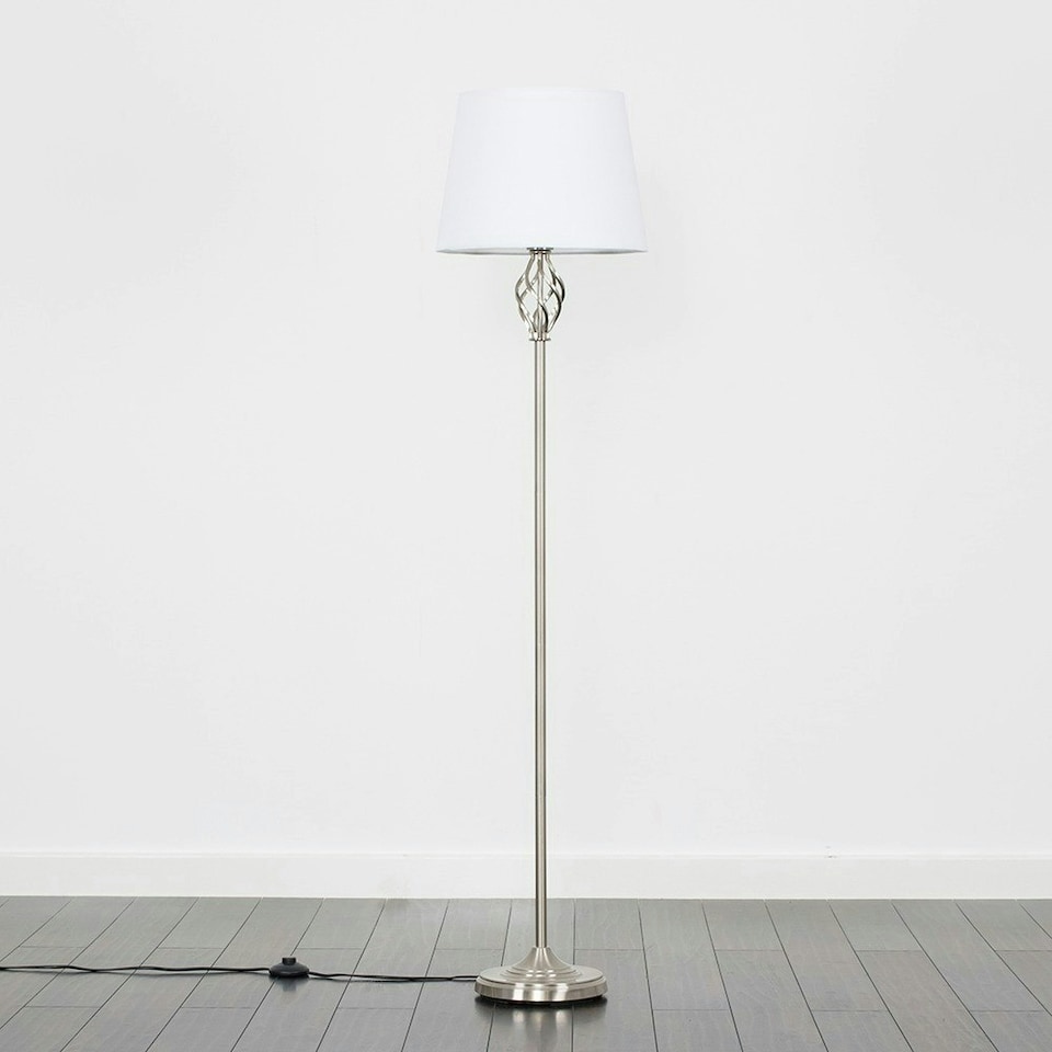 image 1 of ValueLights Memphis Twist Silver Floor Lamp White Tapered Shade