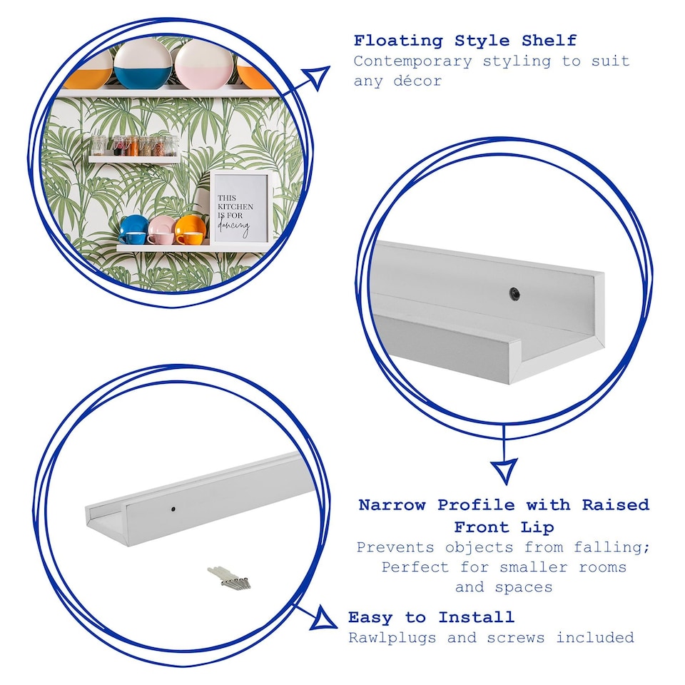 image 1 of Harbour Housewares Floating Picture Ledge Wall Shelf - White - Photo Gallery Bookshelf Wall Shelves Floating Shelves 57cm
