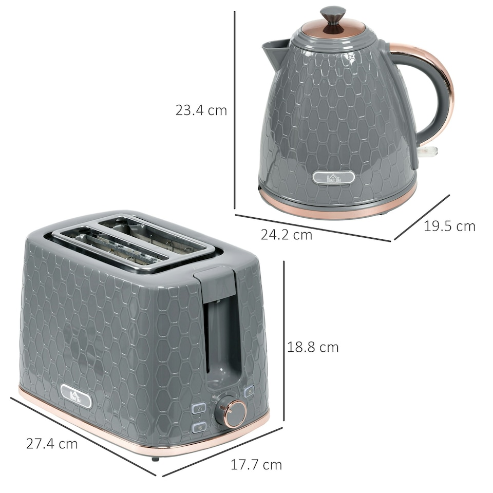 image 1 of HOMCOM Kettle and Toaster Set 1.7L Kettle & 2 Slice Toaster Set Grey