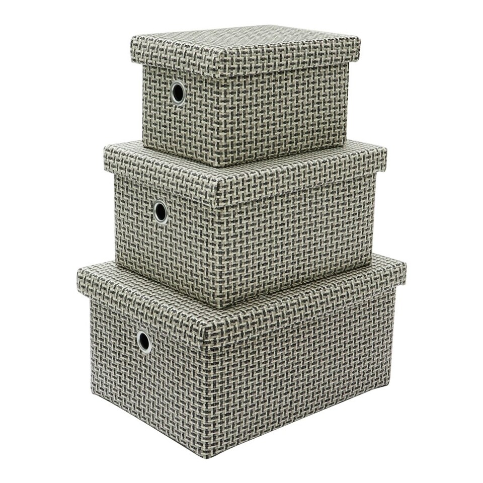 image 1 of JVL Silva Rectangular Fabric Storage Baskets with Lids, Set of 3, Grey Grey