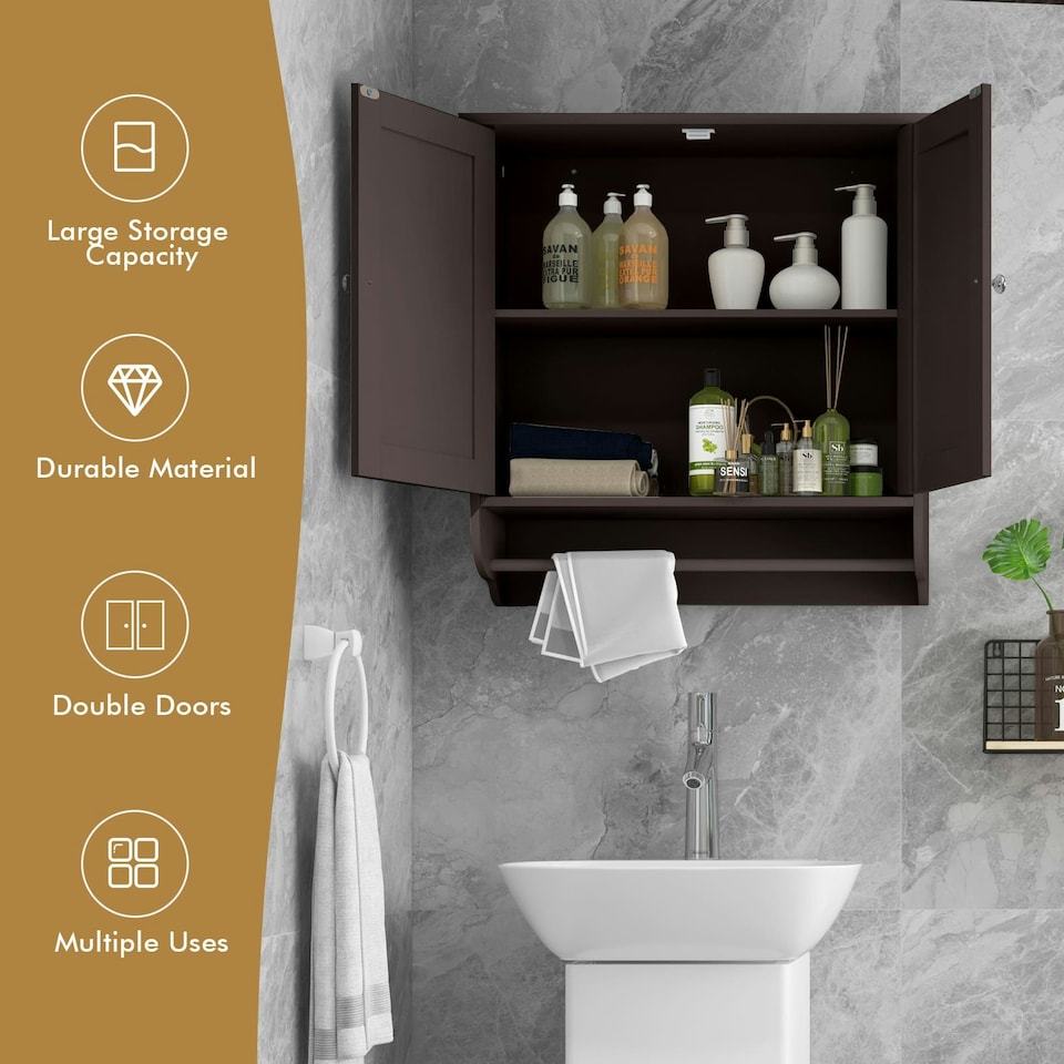 image 1 of COSTWAY Wall Mounted Bathroom Cabinet Medicine Storage Brown | Brown | 1