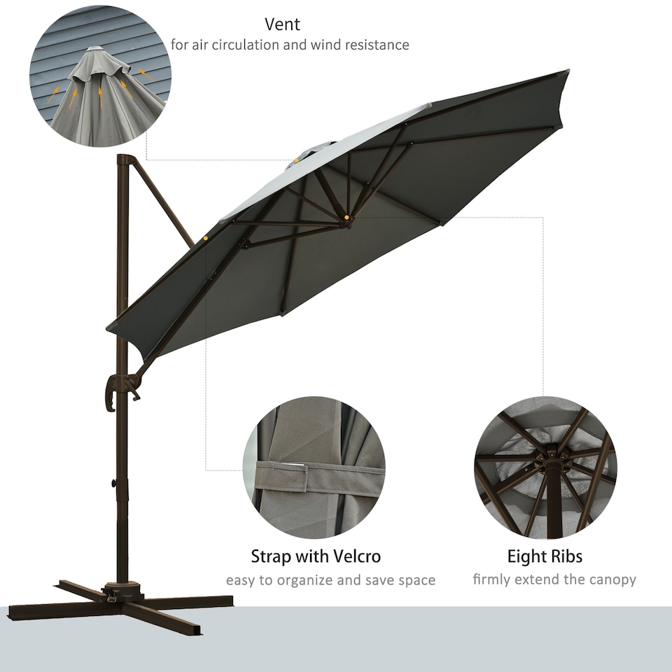 image 1 of Outsunny 3m Patio Offset Parasol Roma Umbrella Cantilever Hanging Sun Shade Canopy Shelter Tilt 360 Rotation with Aluminium Frame Hand Crank Cross Base, Dark Grey