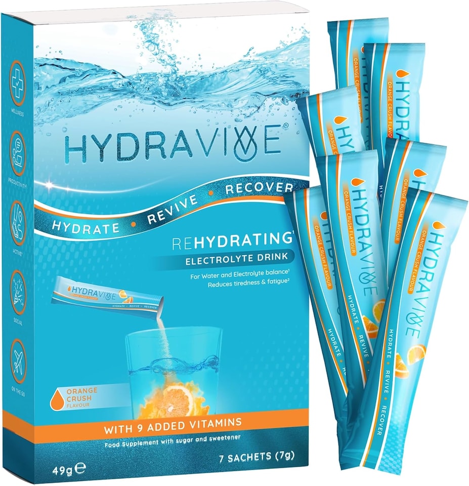 image 1 of Hydravive Rehydration Electrolytes Powder - High Strength Vitamin C and All 8 B Vitamins: B1, B3, B5, B12 Supplement Sachet Drink - 7 Pack Orange