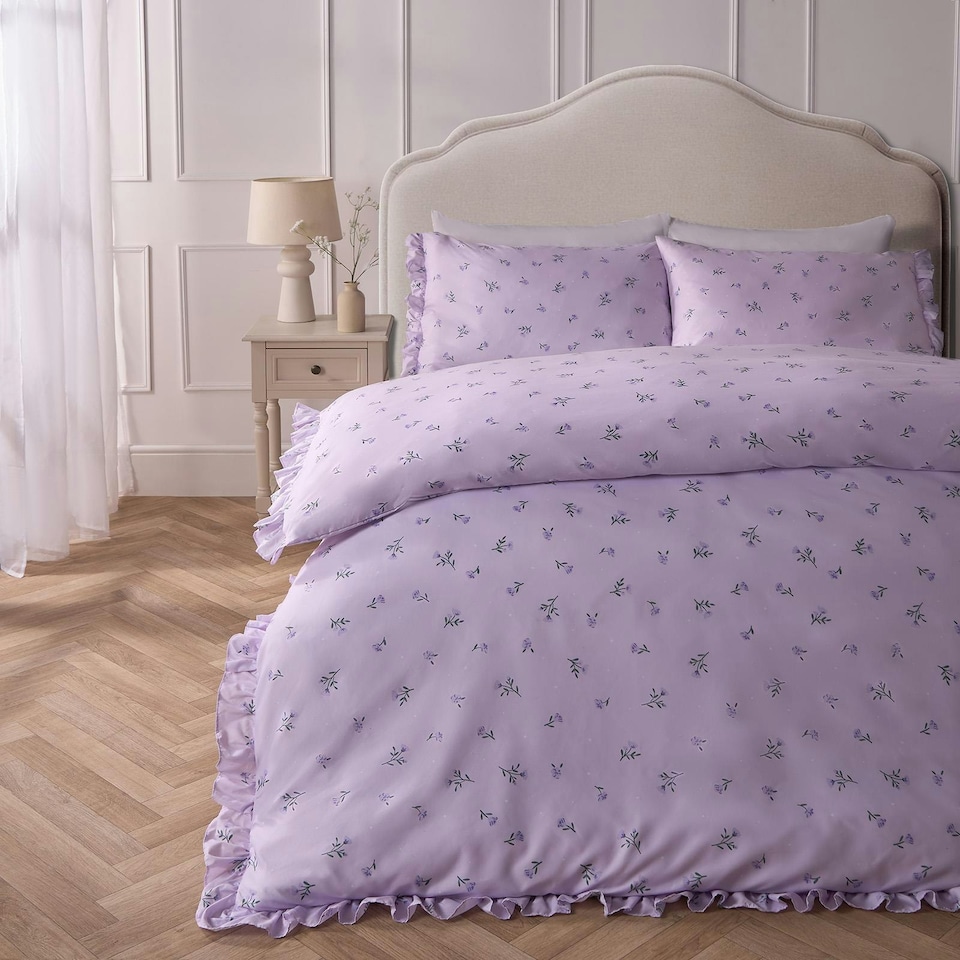 image 1 of OHS Frill Edge Lavender Floral Reversible Print Duvet Cover Bedding Set, Single - Lilac Purple | Lilac | Single