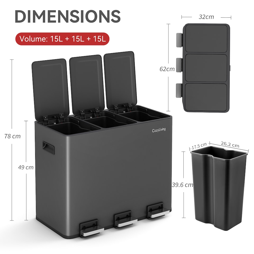 image 1 of CozyLiving 45L Triple Pedal Bin for Recycling and General Waste Rubbish Kitchen Bin 3x 15L