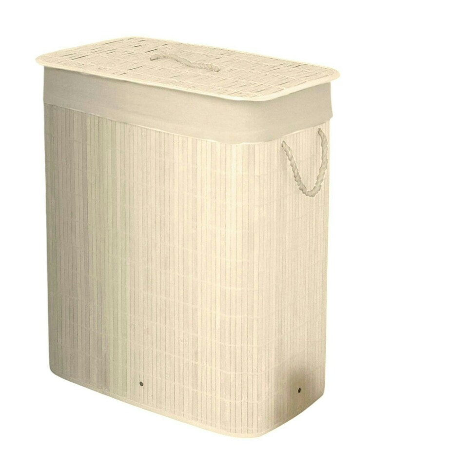 image 1 of Oblong Bamboo White Laundry Hamper with Divider