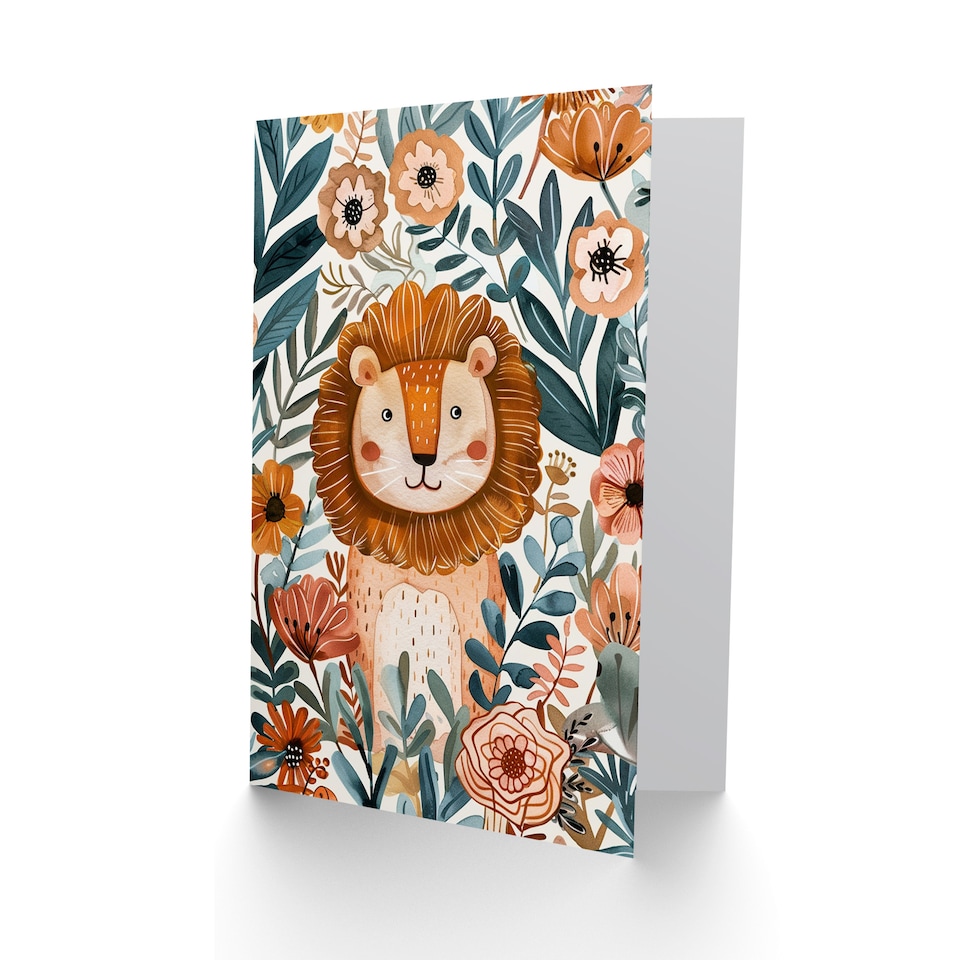 image 1 of Cute Lion in Tropical Jungle Flowers Watercolour Birthday Card