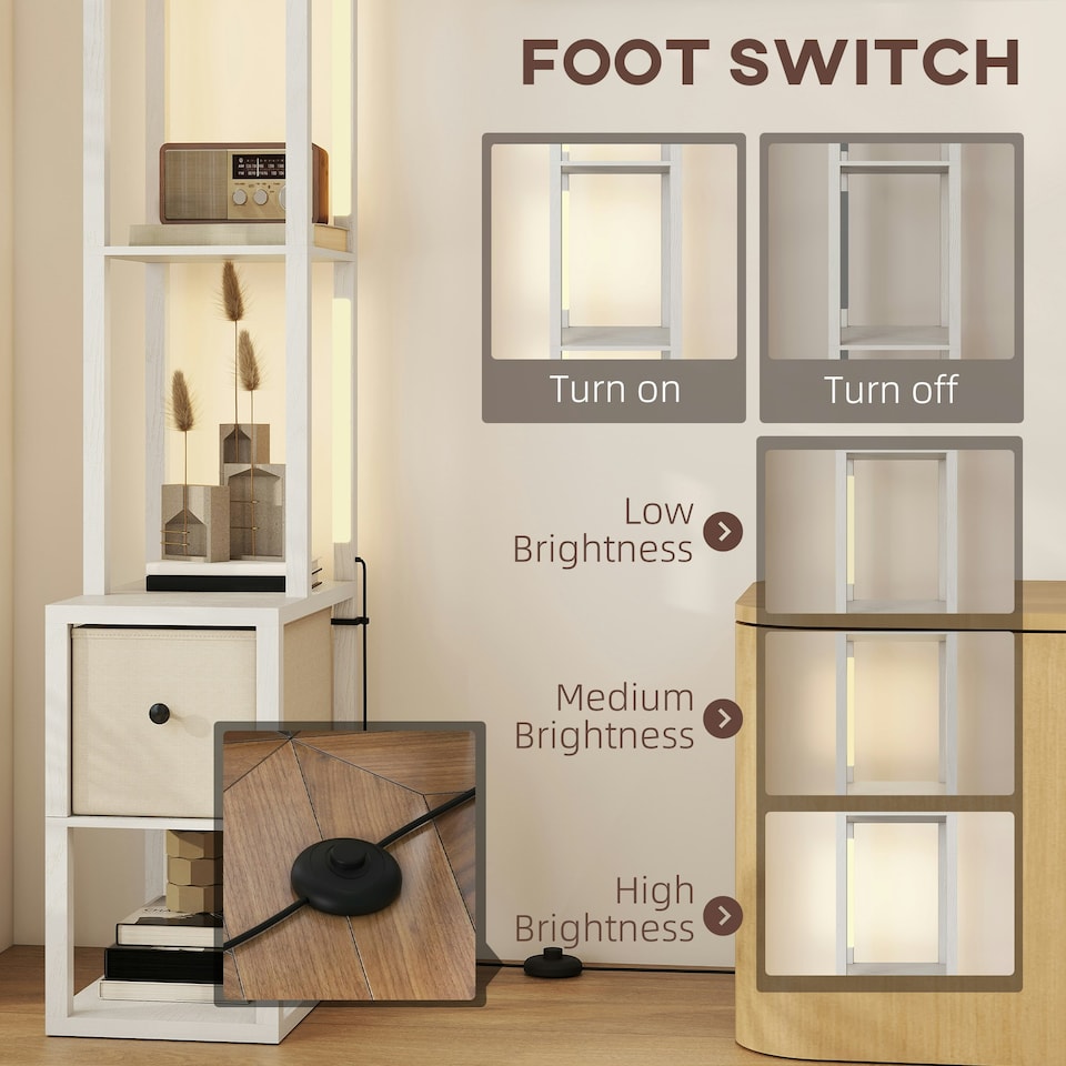 image 1 of HOMCOM Floor Lamp with Shelves, LED Standing Lamp with Fabric Drawer, White White