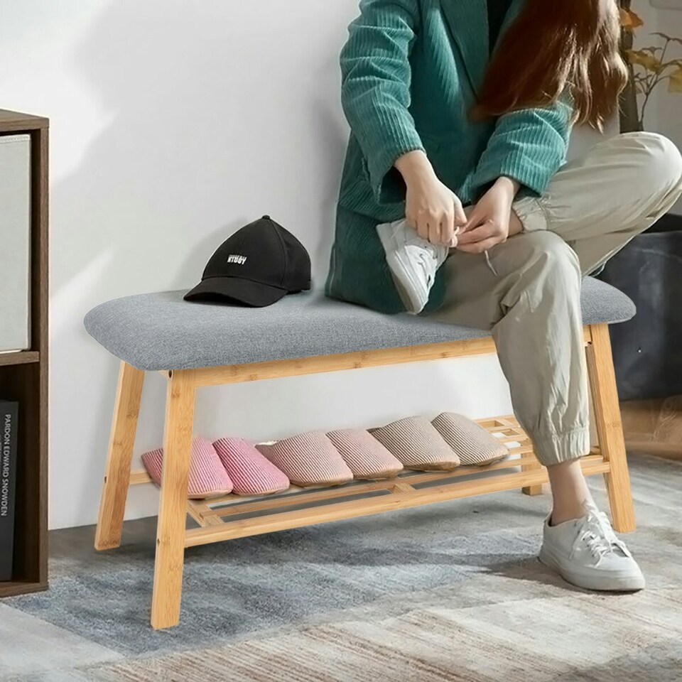 image 1 of Living and Home Bamboo Shoe Bench with Upholstery for Entryway
