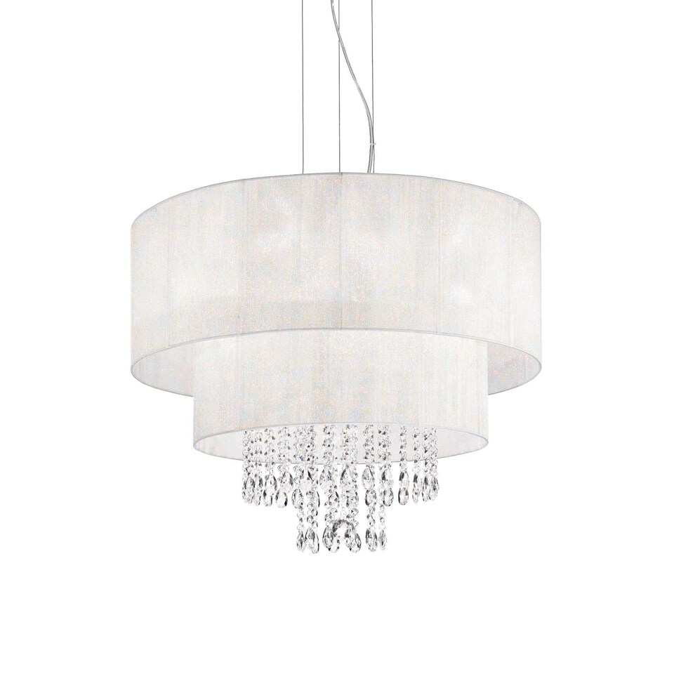 image 1 of Opera 6 Light Ceiling Pendant Chrome, Crystals with And White Shade, E27