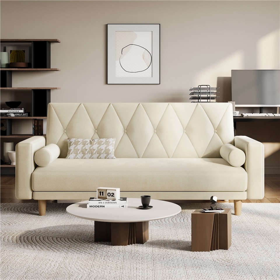image 1 of Yaheetech Velvet Convertible Sofa Bed with 2 Bolster Pillows-Beige