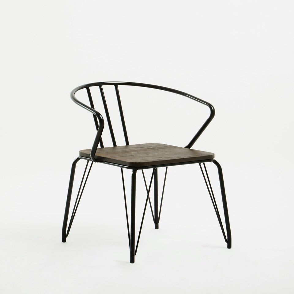 image 1 of Interiors by Premier Black Metal and Elm Wood Arm Chair, Accent Dining Arm Chair, Versatile Wooden Chair for Home, Office, Lounge