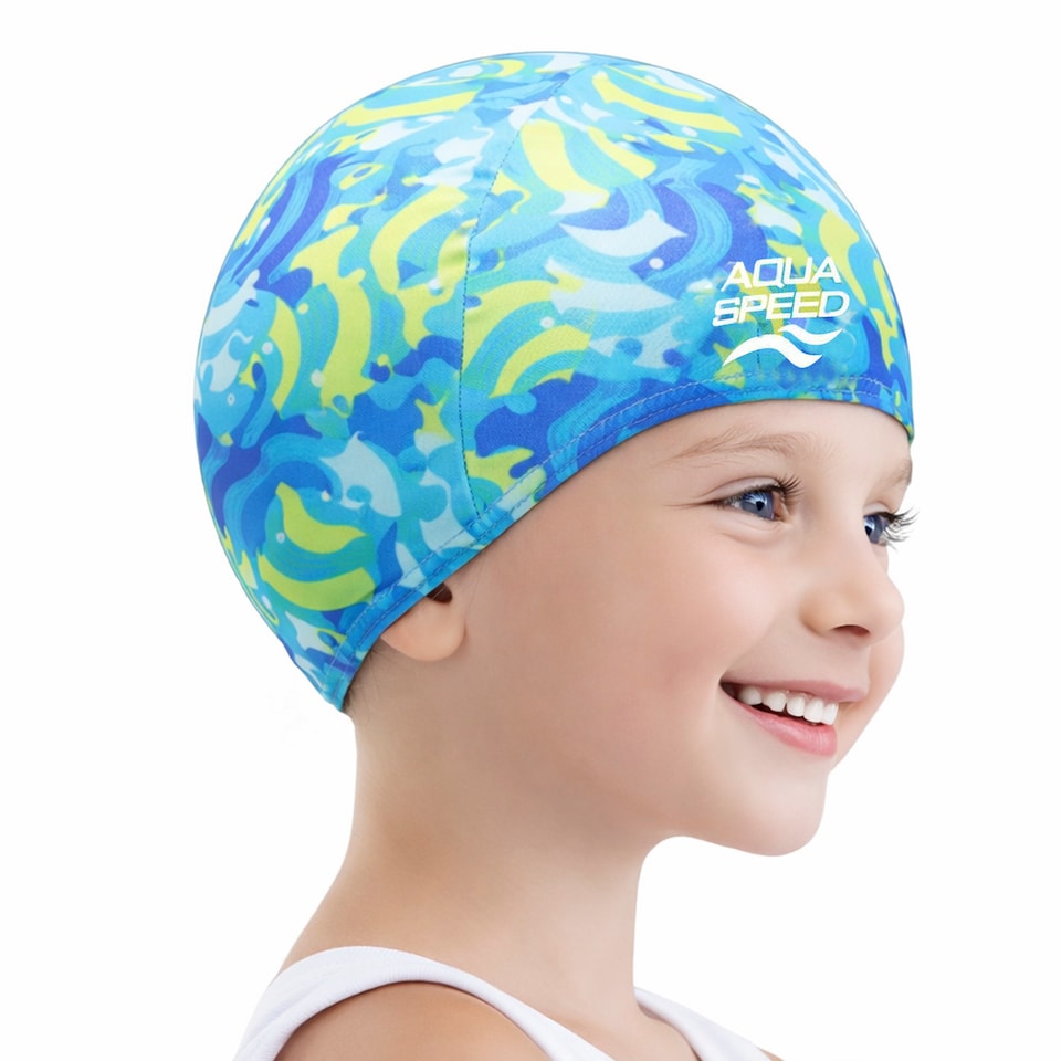 image 1 of Baby Girl & Boy Patterned Fabric Swimming Cap | Flexible Comfortable Toddler Fit | Blue | Blue | One Size | 1