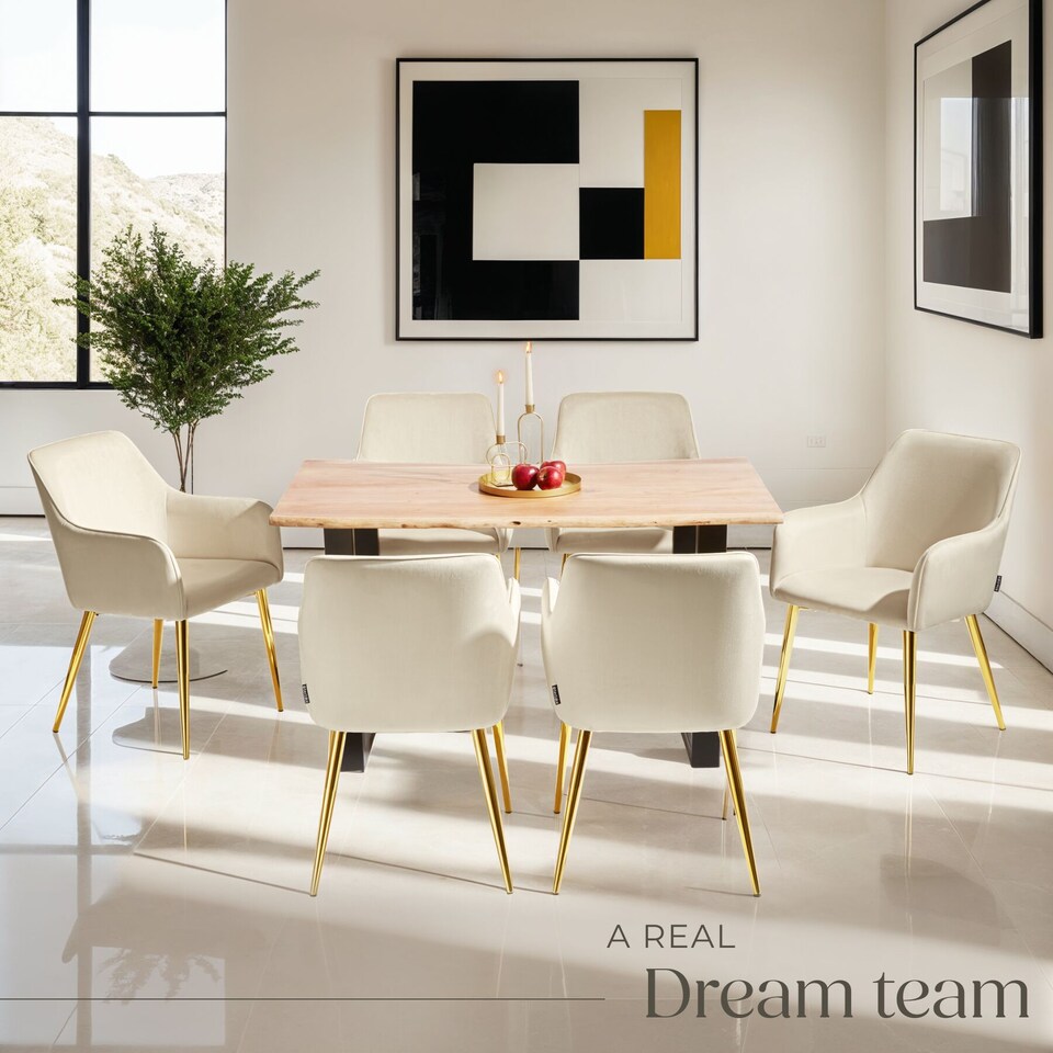 image 1 of Dining Chair Avane - velvet look, padded armchair, high backrest and high armrests | Cream | beige | 4