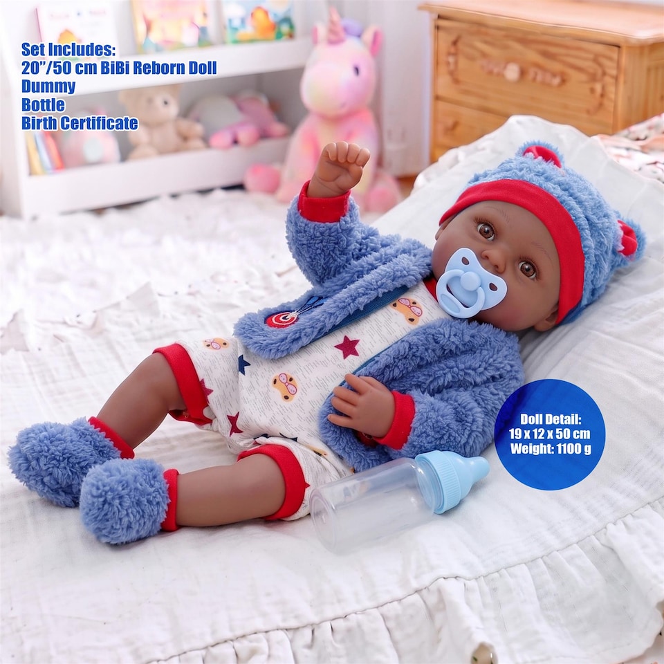 image 1 of BiBi Doll 20" Posy Ethnic Reborn Baby Doll Boy with Dummy & Bottle