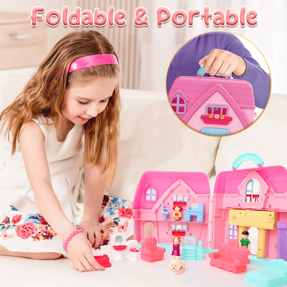 image 1 of Foldable Dollhouse Playset – Portable Carry Case with Dolls, Furniture & Animal Figures